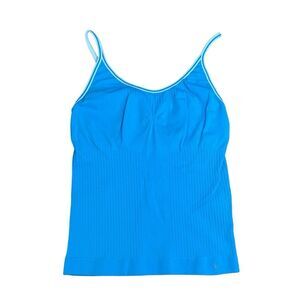 Danskin Now Ribbed Knit Athletic Tank Top Blue White Sleeveless Self Bra M